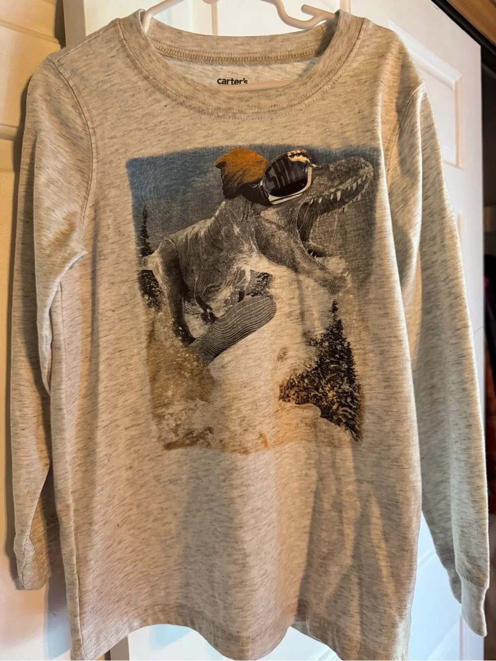 Carter's Light Gray Long Sleeve Tee with Snowboarding Dinosaur Graphic